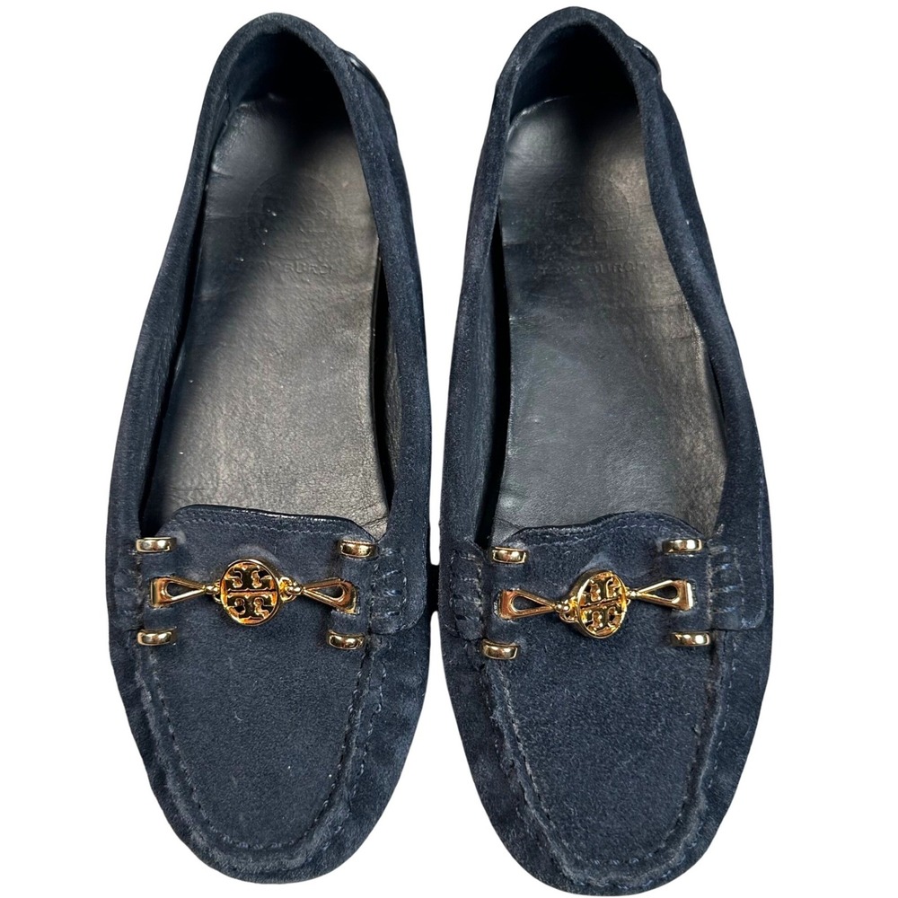 Tory Burch Driving Loafers Women's 7M Navy Suede Gold Logo Moccasin Flats